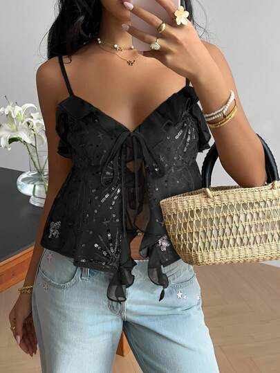 Serisse Camiseta de tirantes con volantes, parches y lentejuelas con lazo delantero para mujer