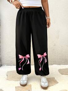 POPSWAY Plus Size Women Casual Bow Print Elastic Waist Sweatpants - Black - View 4