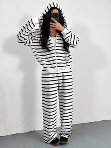 SHEIN EZwear 女士落肩拉链黑白条纹针织连帽衫和裤子休闲运动套装 - 白色 - 查看 8
