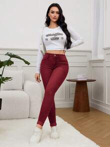 SHEIN Essnce Quần jean skinny rách cạp cao mùa xuân - Màu Đỏ Sâu - Xem 5