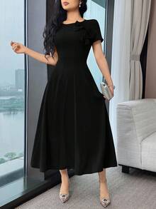 Modelyn Đầm dự tiệc midi nữ màu trơn, trang trí nơ 3D, thanh lịch, thắt eo. - màu đen - Xem 5