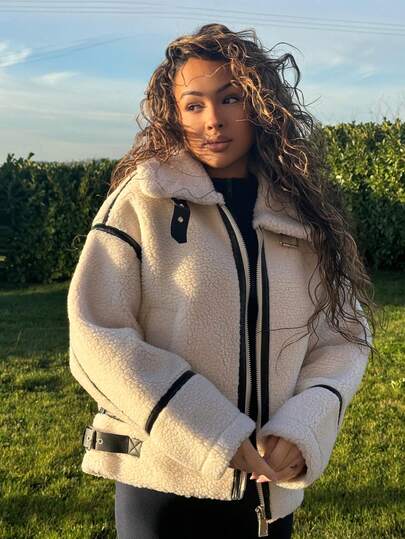 RebeccaVibe Plus Polar Kalın Deri Patchwork Bol Kısa Ceket