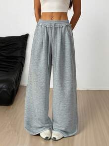 SHEIN PETITE 女士夏季街头服饰外出休闲运动基本款法式灰色松紧腰带直筒宽松裤 - 灰色 - 查看 3