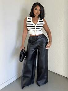 Alexandranx 仿皮阔腿中腰裤 性感外出 秋季 夜晚 冬季 可爱 街头风 感恩节 - 黑色 - 查看 5