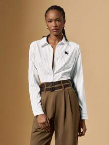 Briarwyn Camisa Casual Feminina com Cintura Marcada de Manga Longa com Botões, Adequada para Outono/Inverno, Camisa Listrada - Preto e Branco - Visão 4