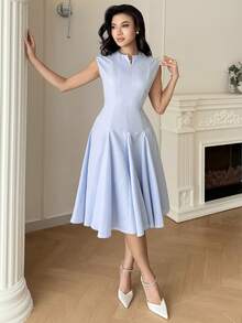 Feyla Vestido mini elegante de mujer con diseño de cremallera y mangas cortas de unicolor - Celeste - Ver 4
