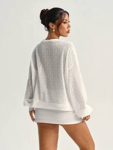 Dewbera 女士镂空针织仿毛皮圆领宽松休闲运动卫衣，适合日常穿着，性感大码卫衣，女士白色卫衣，女士大码卫衣 - 白色 - 查看 2