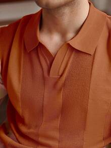 RivetRise Men's Striped Short Sleeve Loose Casual Half-Zip Knit Sweater Men Knit Shirt Men Buttoned Knitted Polo Rust Color Men's Shirt Brown Tops For Men Polo Shirts For Men Collar - Coral Orange - View 6