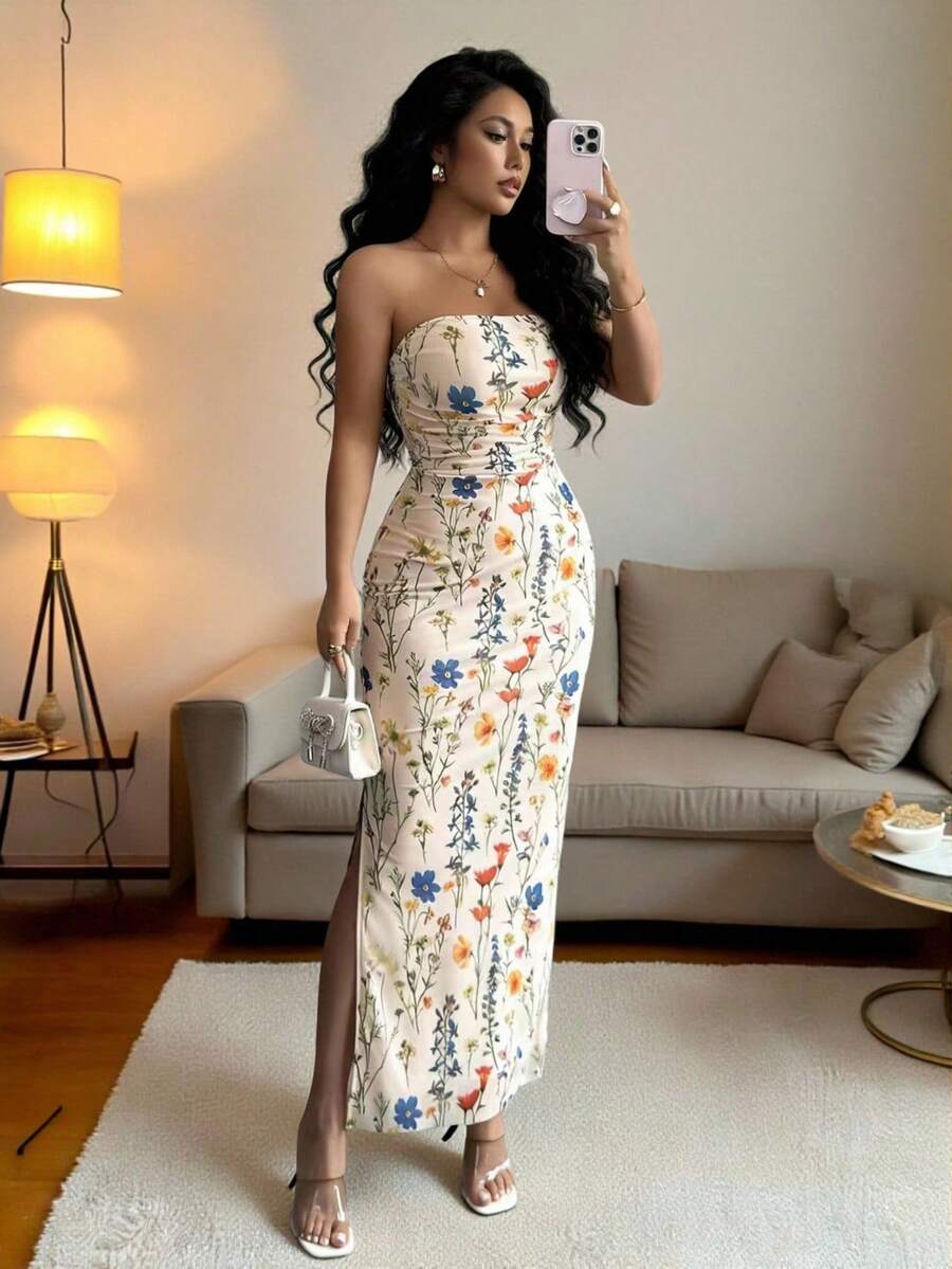 Rafferiza Damen elegantes bodennlanges Bodycon-Wickelkleid mit Rüschen, Blume Muster und Bustier-Oberteil