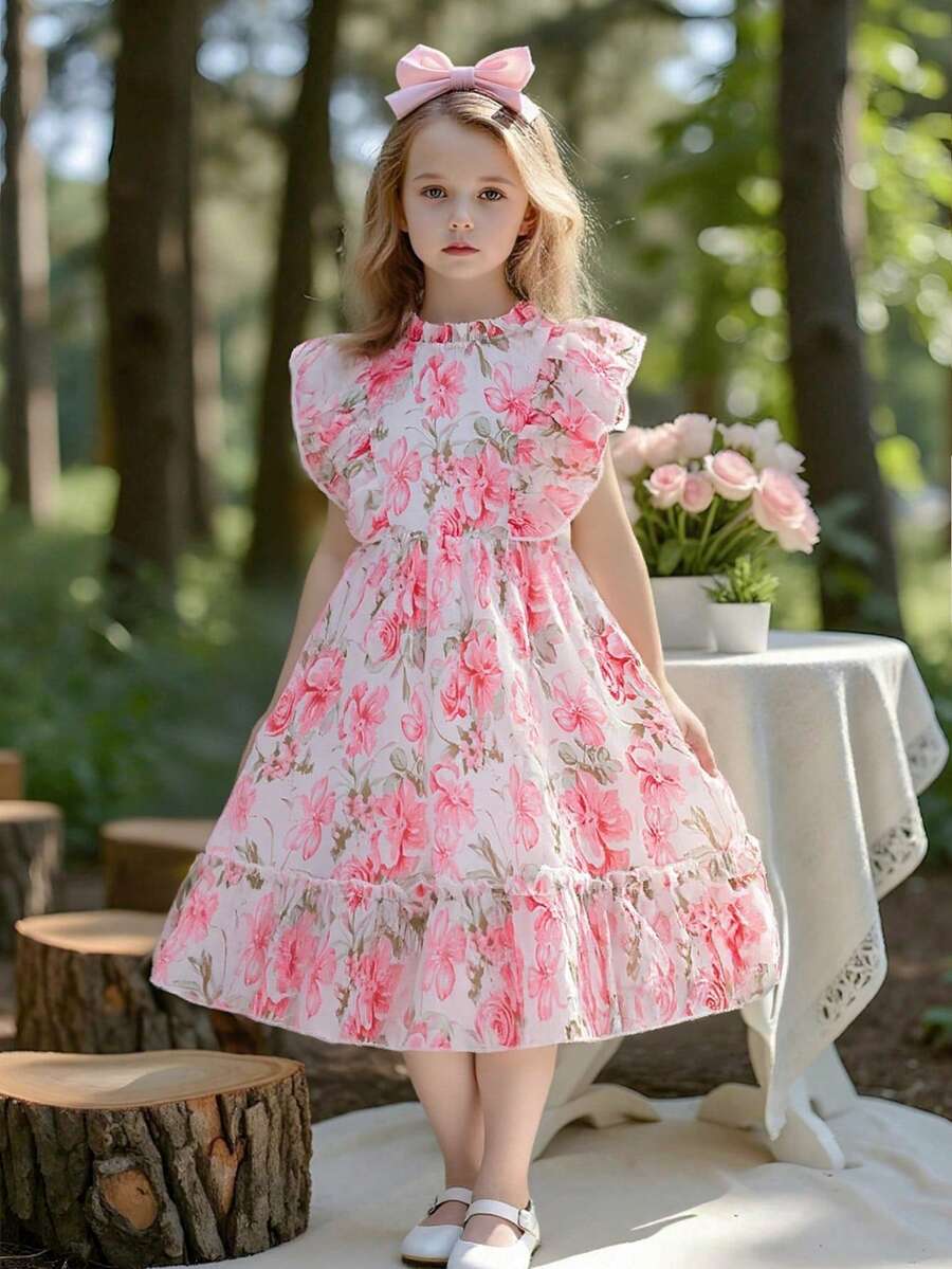 Elladie kids 夏季新款甜美飘逸女童连衣裙,荷叶边领口,荷叶边袖口,碎花图案,A字裙摆,适合日常穿着、度假、乡村风格 - 粉色 - 查看 1
