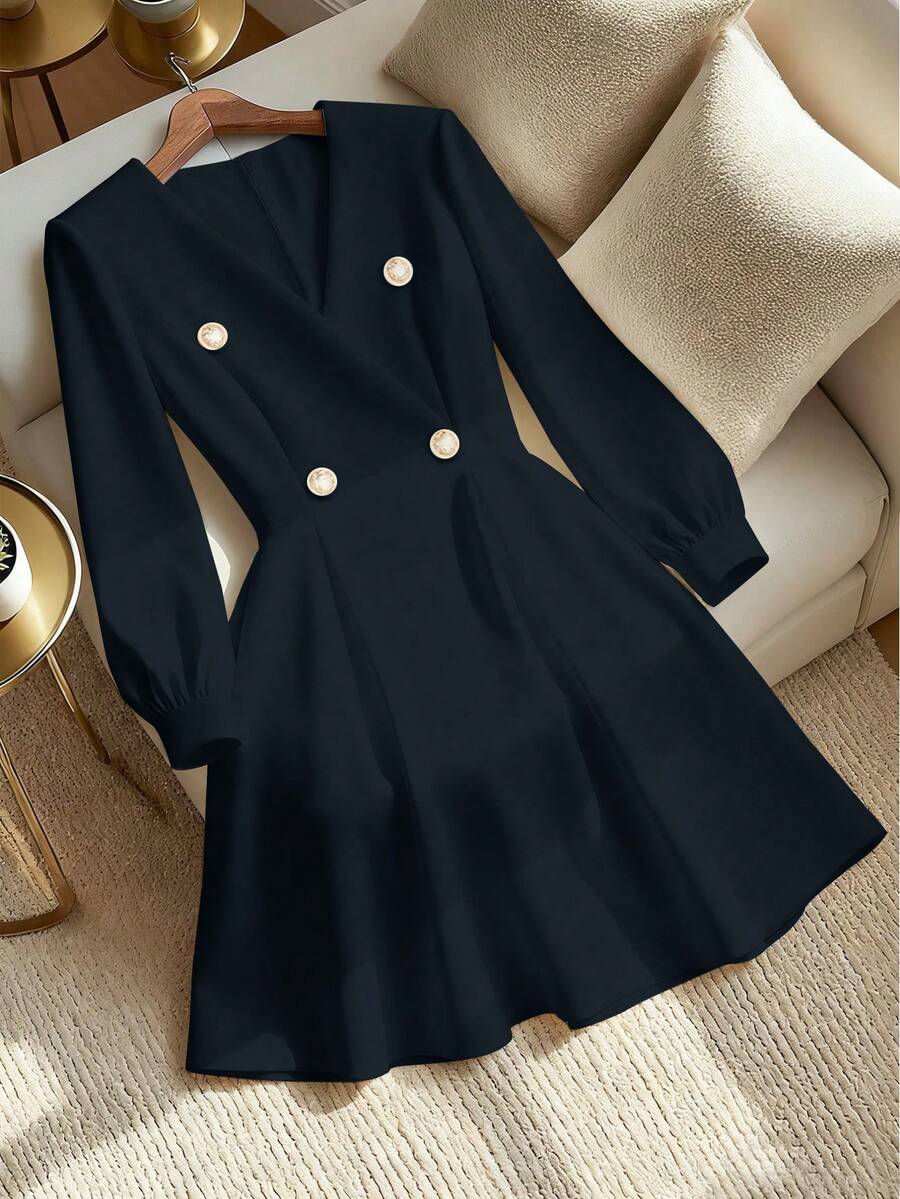 GlowEve CURVE Đầm dài tay dáng ôm, khóa kim loại đôi, màu trắng thanh lịch dành cho nữ cỡ lớn, thích hợp cho mùa xuân/thu. - Màu xanh hải quân - Xem 1