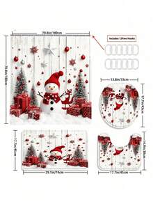 1/3/4件套雪花雪人圣诞浴帘浴室套装，防水耐磨配件，带12个挂钩 - 包括马桶座套、浴垫和地毯 - 防滑涤纶面料 - 可水洗 - 非常适合节日装饰、家居/卧室/房屋/西式装饰。 - 彩色 - 查看 12