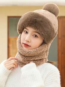 1件装女士户外冬季保暖针织帽，纯色加厚抓绒围脖，防风带帽护耳滑雪面罩，冬季骑行拉法帽 - 彩色 - 查看 7