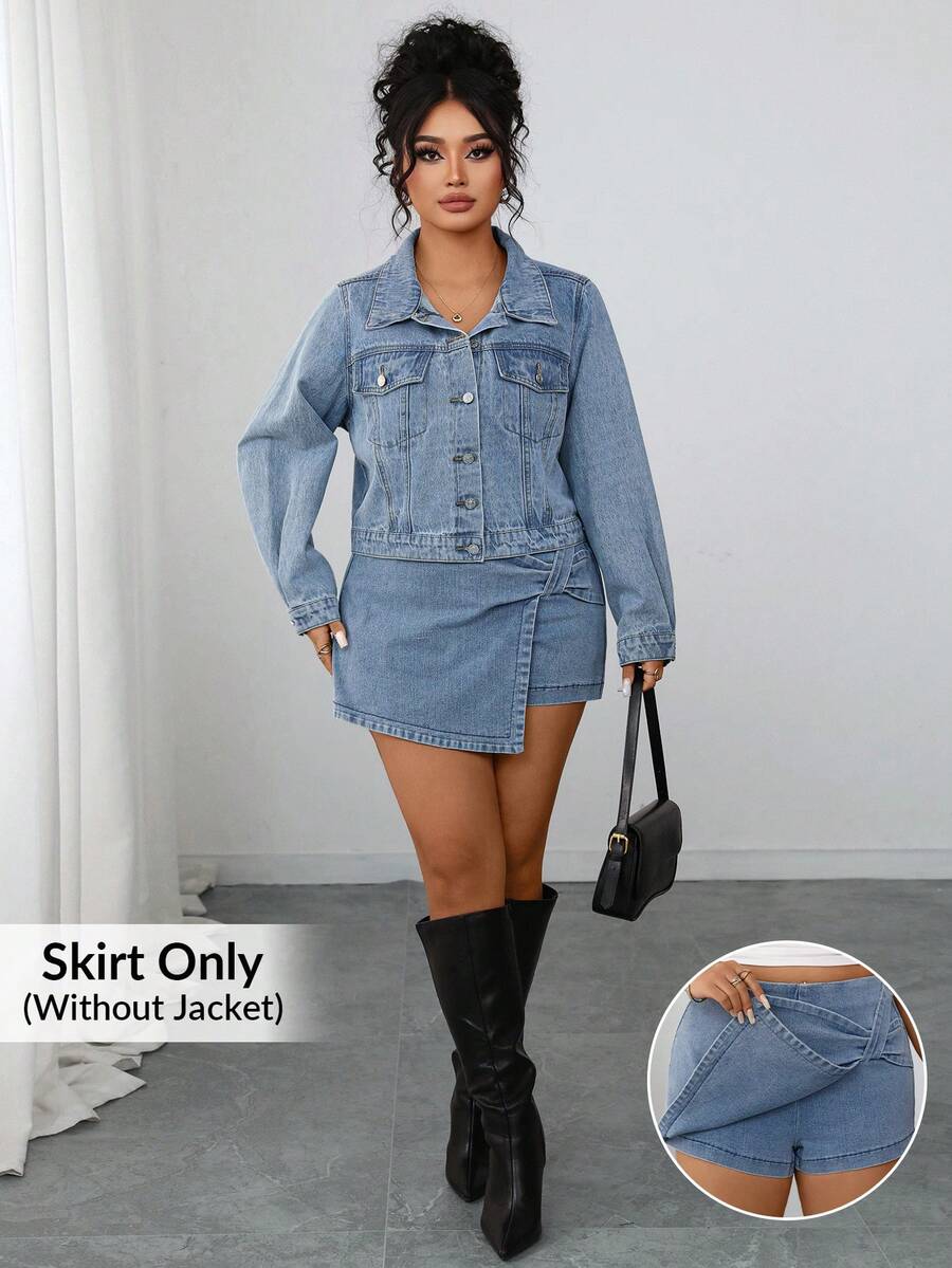 SHEIN Elenzya Plus Size Women Elegant & Comfortable Light Blue Stretch Denim Skirt - Light Wash - View 1