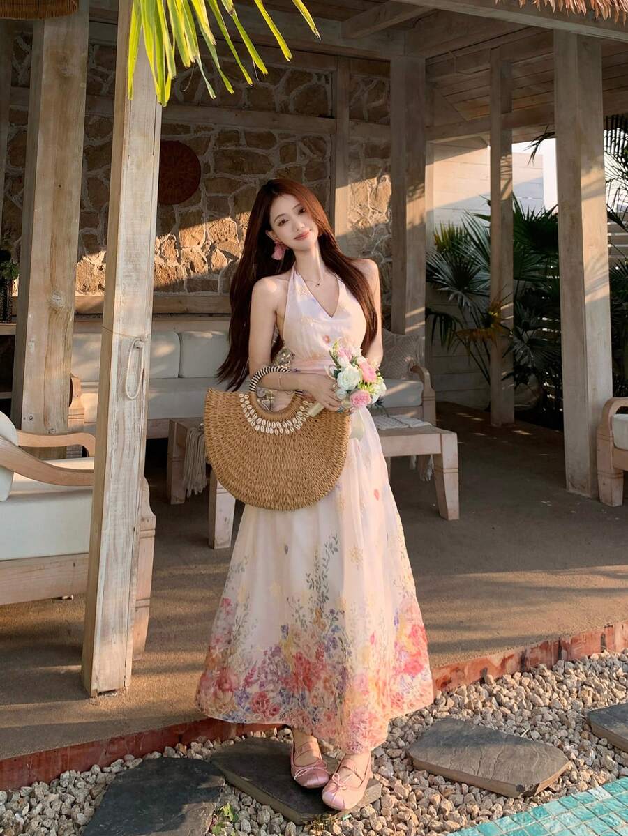 DAZY Women's Tie-Up Floral Midi Dress, Summer Holiday Style - Apricot - View 1