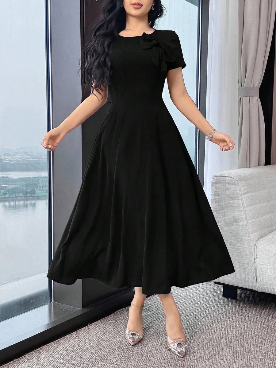 Modelyn Đầm dự tiệc midi nữ màu trơn, trang trí nơ 3D, thanh lịch, thắt eo.