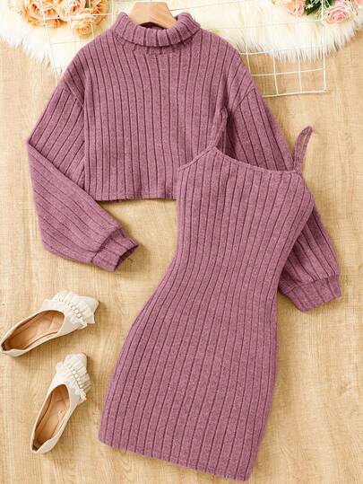 SHEIN 2pcs/Set Teen Girls Textured Knit Long Sleeve T-Shirt Dress, Comfortable & Versatile For Home & Outdoor Wear Teen Girl Two Piece Set Cute Two Piece Sets