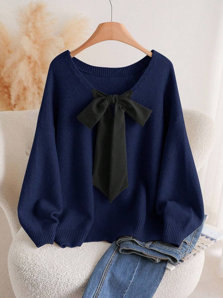 CosyJoli Plus Size Casual V-Neck Bowknot Tie Back Loose Pullover Sweater Bow Top Women Bow Tops Navy Blue Sweater Tie Tops Autumn Winter Clothes For Women - Navy Blue - View 1
