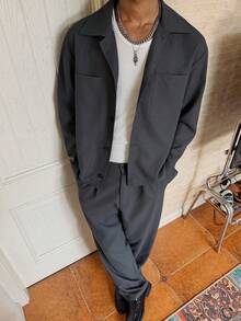 Manfinity Roghcode 男士休闲通勤纯色衬衫长裤套装 男士套装 男士两件套休闲西装 男士西装套装 灰色男士两件套运动服套装 - 深灰色 - 查看 5