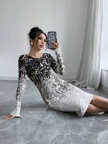 SHEIN Clasi Rochie de damă minimalistă, casual, cu imprimeu cu paiete, guler rotund, mânecă lungă, potrivită pentru toamnă/iarnă