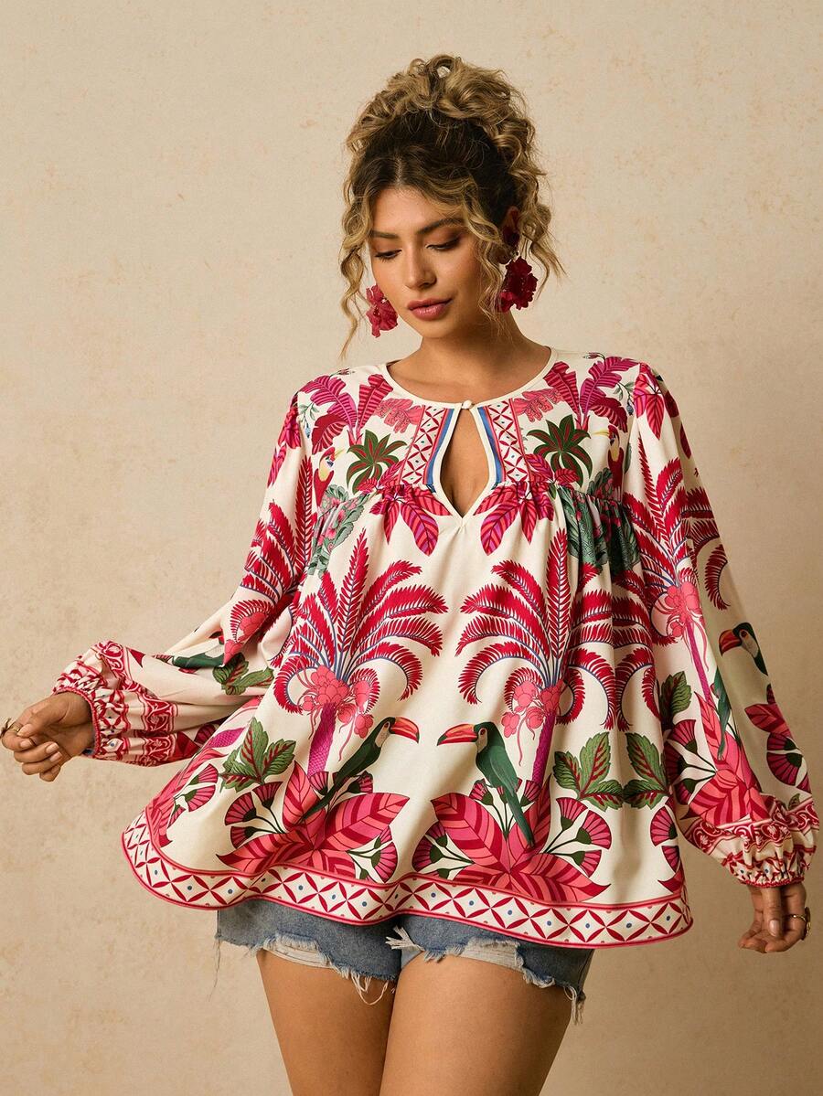 Travachic Plus Size Women Tropical Retro Boho Pattern Long Sleeve Tie Front Blouse Beach Vacation Vacation Vacation Hot Pink Autumn Fall - Pink - View 1