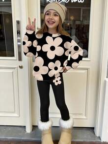 SHEIN 舒适秋冬风格，女孩休闲时尚创意花卉印花运动衫和紧身裤两件套服装