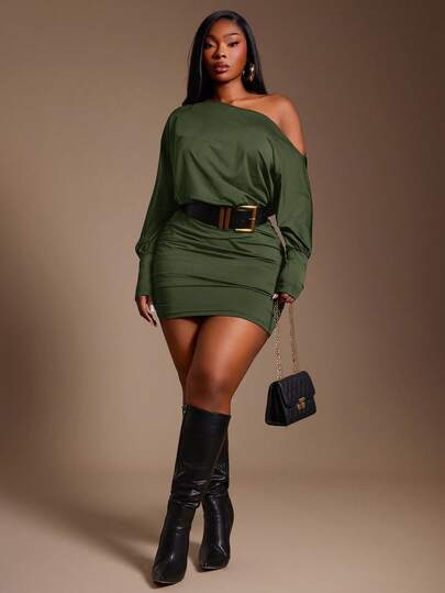 Radiana This Military Green Casual Off-Shoulder Asymmetrical Mini Dress Is Plus-Size And Versatile, Suitable For Everyday Wear, Dates, Afternoon Tea, Gatherings With Friends, And Various Other Occasions. It Can Also Be Worn As An Evening Gown, Spring/Summer Outfit, Spring Wedding Guest Top, Elegant And Sophisticated Top, Formal Occasion, Y2K Style, Birthday Party, Or Outing. Plus-Size, Basic Style. Plus Size Sexy Outfit