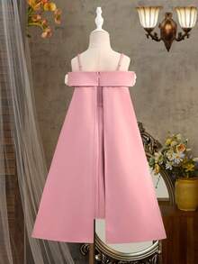 Young Girl Elegant & Cute Pink Floral Spaghetti Strap Off-Shoulder Dress, Birthday Party Dress - Multicolor - View 9