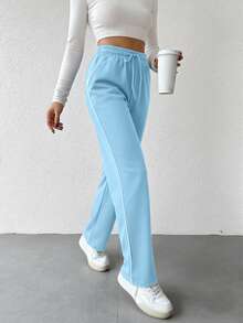 EURMUSE Women's Contrast Trim Drawstring Waist Casual Sweatpants - Baby Blue - View 3