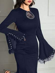 Modelyn Women's Round Neck Long Sleeve Lace Patchwork Fitted Long Black Formal Elegant Dress Long Evening Dresses - Navy Blue - View 5
