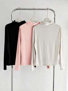 SHEIN BASICS 3pcs/Set Women's Casual Black Autumn Everyday Turtleneck Tops,Solid Color Knit Slim Fit Long Sleeve Multipack Plus Size T-Shirts Poloneck Regular Fit - Baby Pink - View 5