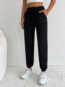 RueChic Solid Elastic Waist Joggers - Black - View 4