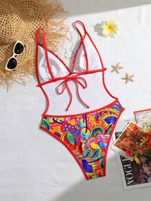 Swim SXY Áo tắm liền thân in họa tiết, cổ chữ V sâu, hở lưng, gợi cảm dành cho nữ, thích hợp cho kỳ nghỉ hè và đi biển. - Nhiều màu - Xem 5