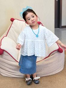 DAZY Baby Girls' Lace Ruffle Collar Solid Color Short Sleeve Blouse Spring Summer Toddler Girls Clothes - White - View 3