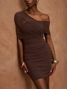 Zivah 2026 Spring/Summer New Valentine's Day, Music Festival, Easter, Western, Boho, Nashville Party, Wedding, Evening, Date, Gathering Off Shoulder Side Ruched Sheer Mesh Fabric Lined Bodycon Mini Dress - Rust Brown - View 5