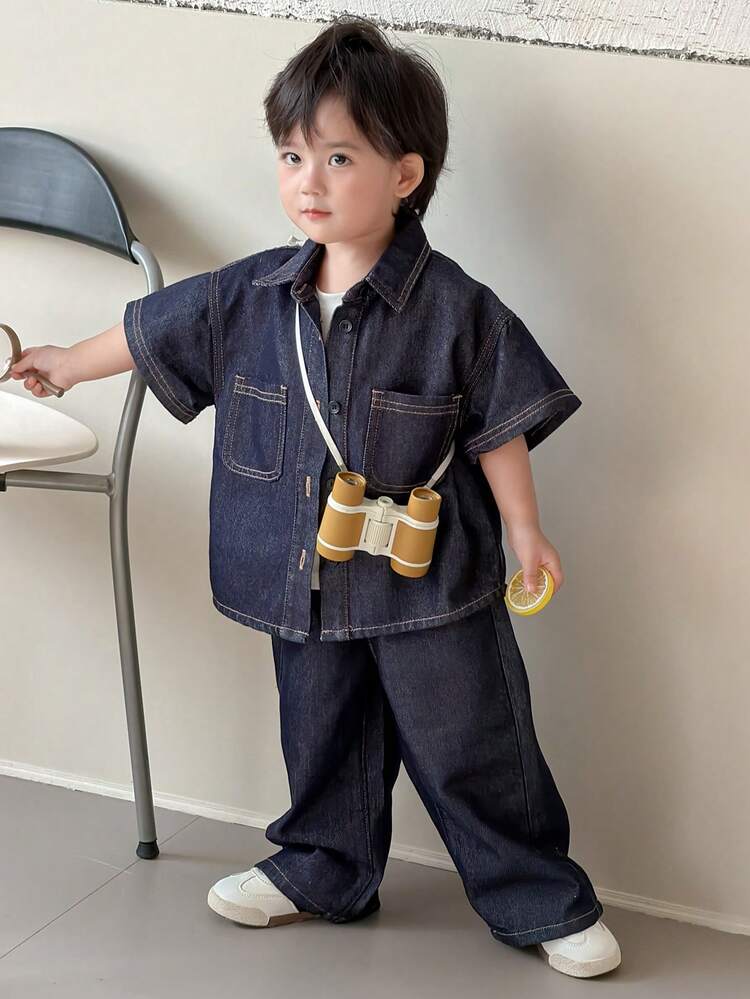Toddler Boys' Washed Turndown Collar Casual Shirt & Loose Fit Jeans Set