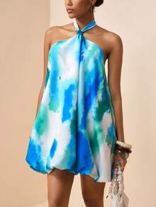 Zivah 2026春夏新品，适合情人节、婚礼季、音乐节、复活节、波西米亚风、度假、邮轮旅行、海滩、优雅通勤等场合，露背系带，性感露背，花朵蓬蓬裙，宽松A字迷你裙，扎染蓝绿色印花连衣裙 - 彩色 - 查看 5