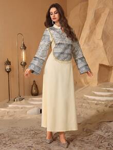 Al Najma Turkish/Arabic Style New Women's Embossed Jacquard Splice Beaded Resort  Turkish Long Dress Kaftan Jalabiya Dress - Apricot - View 3