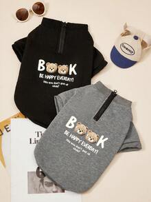 PETSIN 1件宠物猫狗通用时尚帅气灰色休闲学院风高领拉链可爱小熊图案印花舒适狗狗连帽衫 - 淺灰 - 查看 1