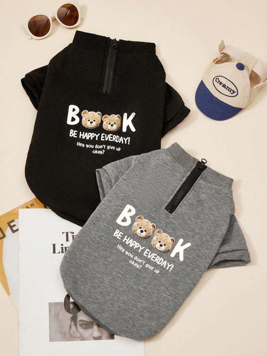 PETSIN 1件宠物猫狗通用时尚帅气灰色休闲学院风高领拉链可爱小熊图案印花舒适狗狗连帽衫 - 淺灰 - 查看 1