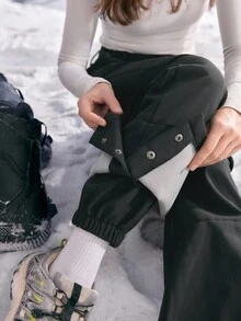 SHEIN In My Nature Black Composite Fabric Flare Leg Pants For Women Practical Long Hiking Trousers With Pockets - Black - View 2