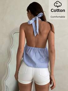 Aloruh Women's Blue Striped Halter Backless A-Line Tank Top - Baby Blue - View 2