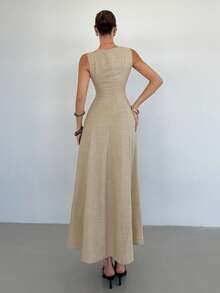 Siren Gaze 女士撞色印花圆领无袖优雅连衣裙 - 杏色 - 查看 2