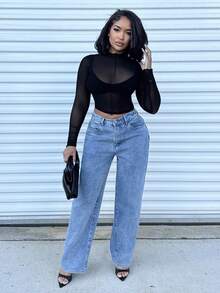 Alexandranx 生菜邊網眼黑色透視上衣 - 黑色 - 查看 1