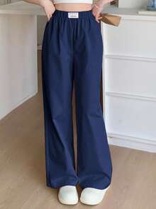 SHEIN 2件装少女休闲纯色蓝黑拼接宽松阔腿裤，黑色+粉色，休闲风格，返校季 - 藏蓝色 - 查看 13