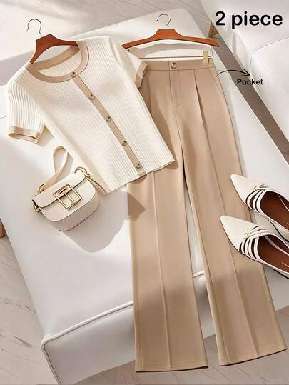 Franclia This Women's Casual Round Neck T-Shirt With Contrasting Trim And Pearl Buttons, Paired With Solid-Color Casual Suit Trousers, Is A Two-Piece Set Suitable For Everyday Wear, A French Style, And Commuting. It's A Summer Set, Women's Summer Outfit, Summer Top, Spring Outfit, Spring Break Outfit, And Spring Clothing.