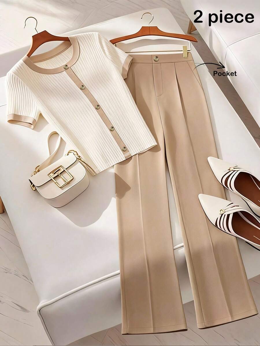 Franclia This Women's Casual Round Neck T-Shirt With Contrasting Trim And Pearl Buttons, Paired With Solid-Color Casual Suit Trousers, Is A Two-Piece Set Suitable For Everyday Wear, A French Style, And Commuting. It's A Summer Set, Women's Summer Outfit, Summer Top, Spring Outfit, Spring Break Outfit, And Spring Clothing. - Apricot - View 1