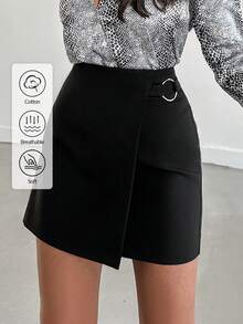 SHEIN 娇小码女式纯色裹身裙 - 黑色 - 查看 1