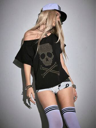 Grunge Punk Y2K Punk Totenkopf Nieten Design Laser Cut Loose Fit einfarbiges vielseitiges T-Shirt
