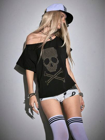 Grunge Punk Camiseta versátil de unicolor con diseño de calavera, remaches y corte holgado, estilo punk Y2K